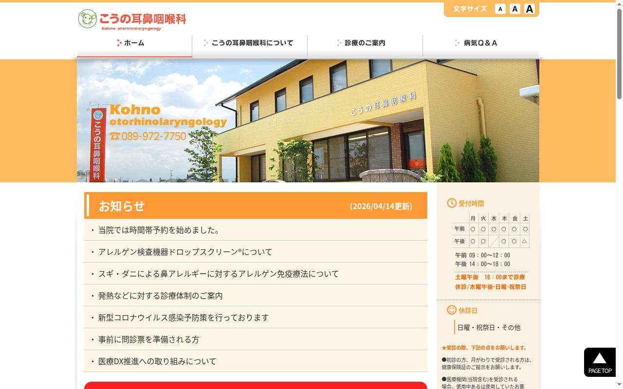 医療法人こうの耳鼻咽喉科の公式サイトのスクリーンショット