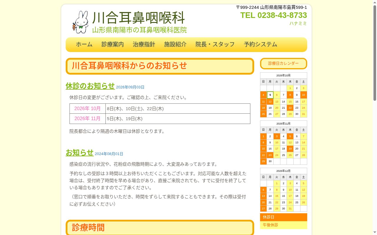 川合耳鼻咽喉科の公式サイトのスクリーンショット