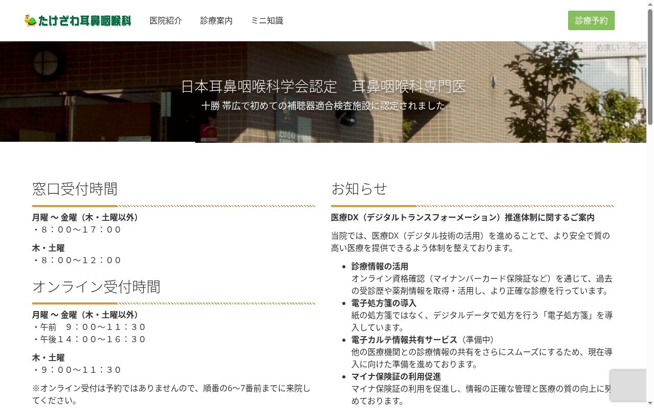 たけざわ耳鼻咽喉科の公式サイトのスクリーンショット